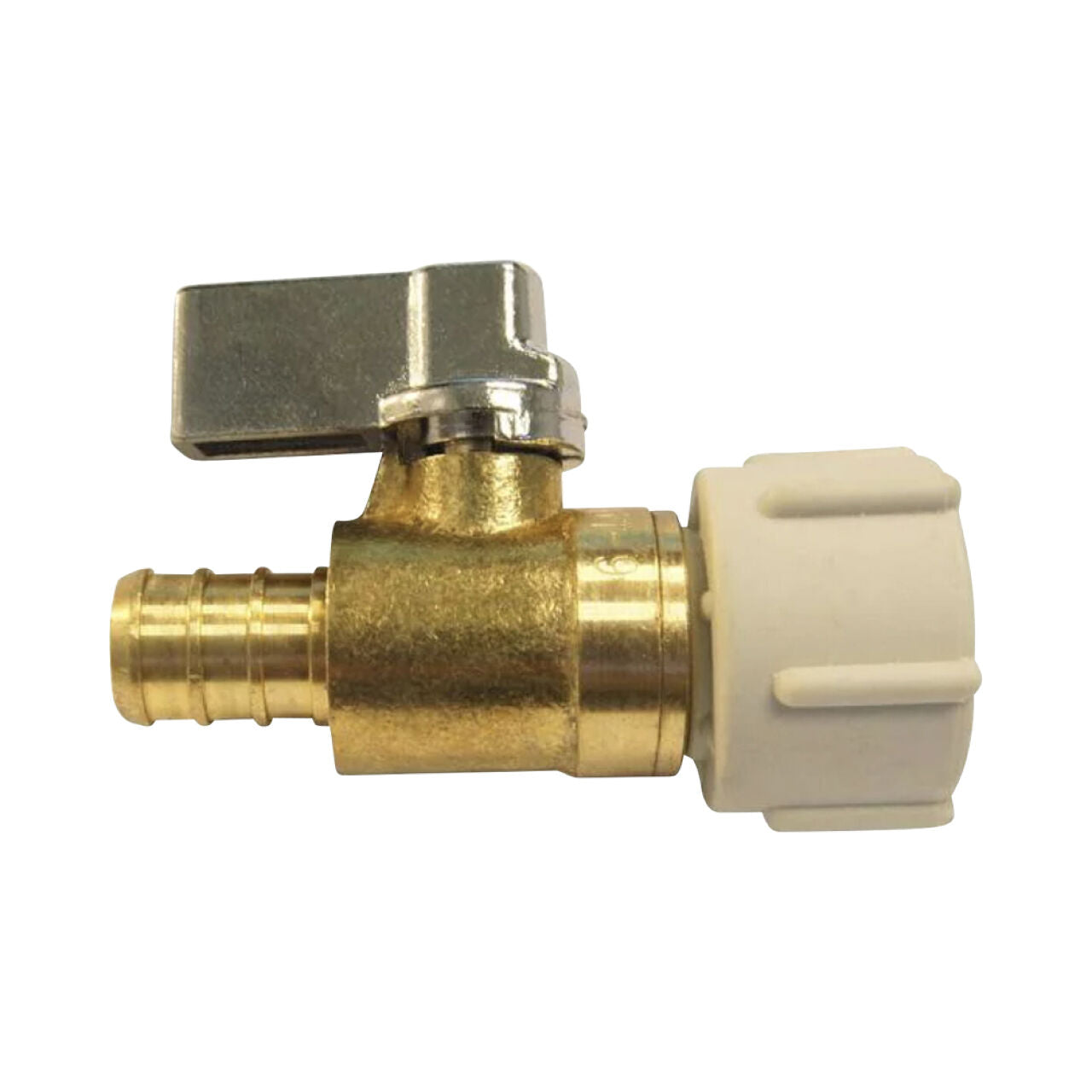 The Go Build 1/2 in. PEX Barb x 1/2 in. FPT Brass Swivel Ball Valve features a lever handle and is ideal for ApolloPEX manifold replacement, isolated on a white background. From Go Build, The Fastest Way To Build.